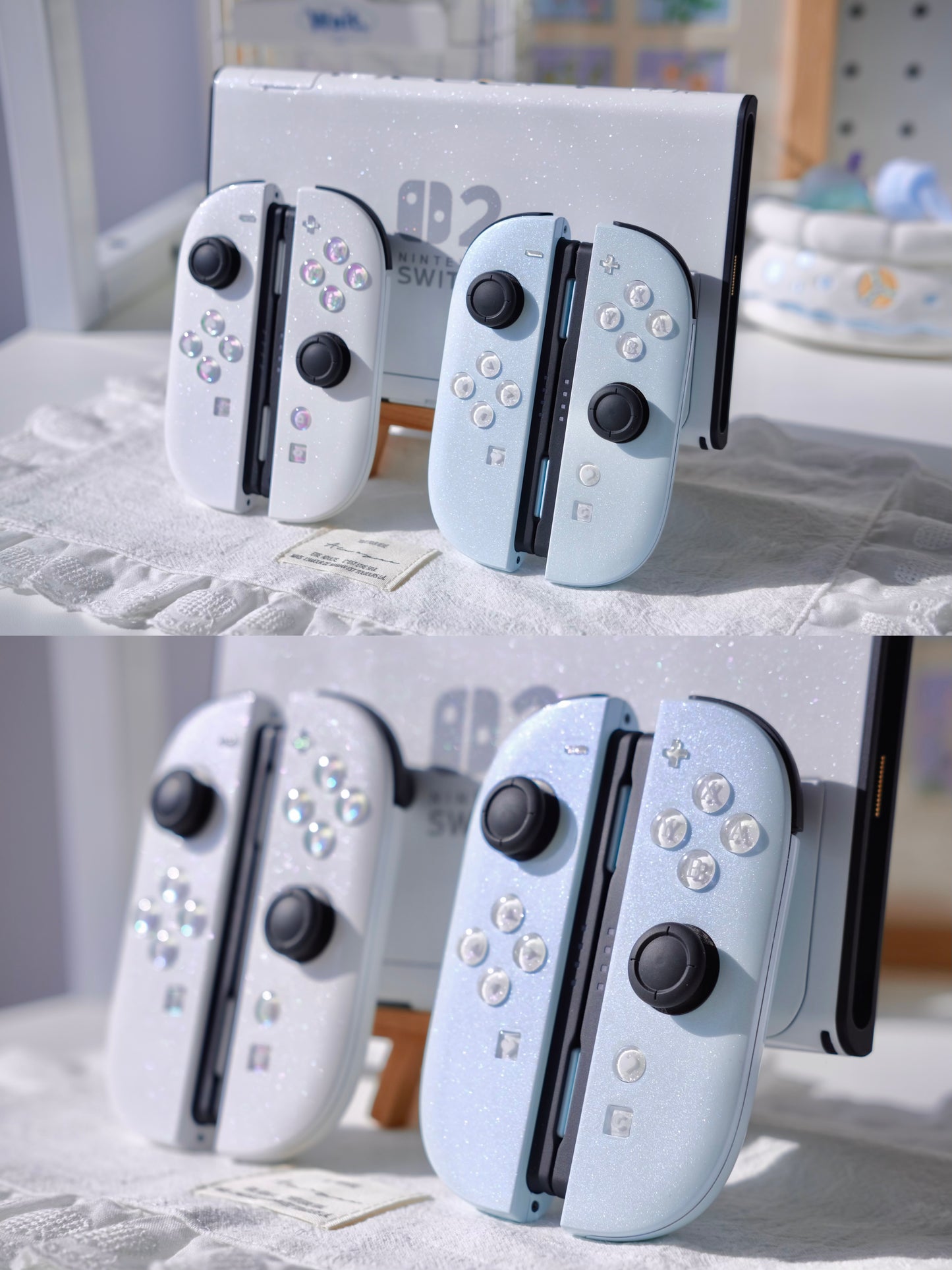 Custom Switch 2 Joy-Con  White & Blue Glittery Handmade Shell & Buttons