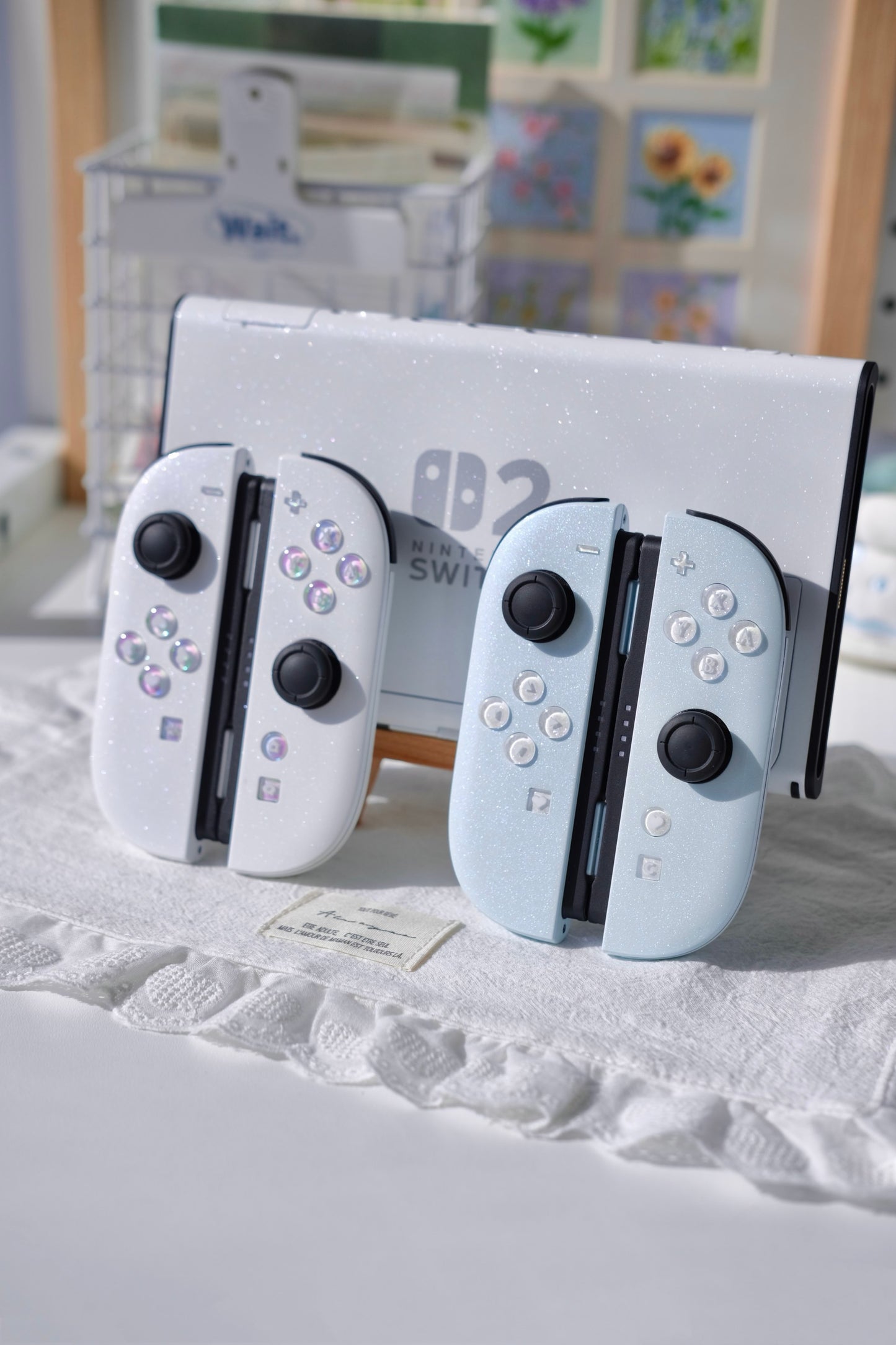 Custom Switch 2 Joy-Con  White & Blue Glittery Handmade Shell & Buttons